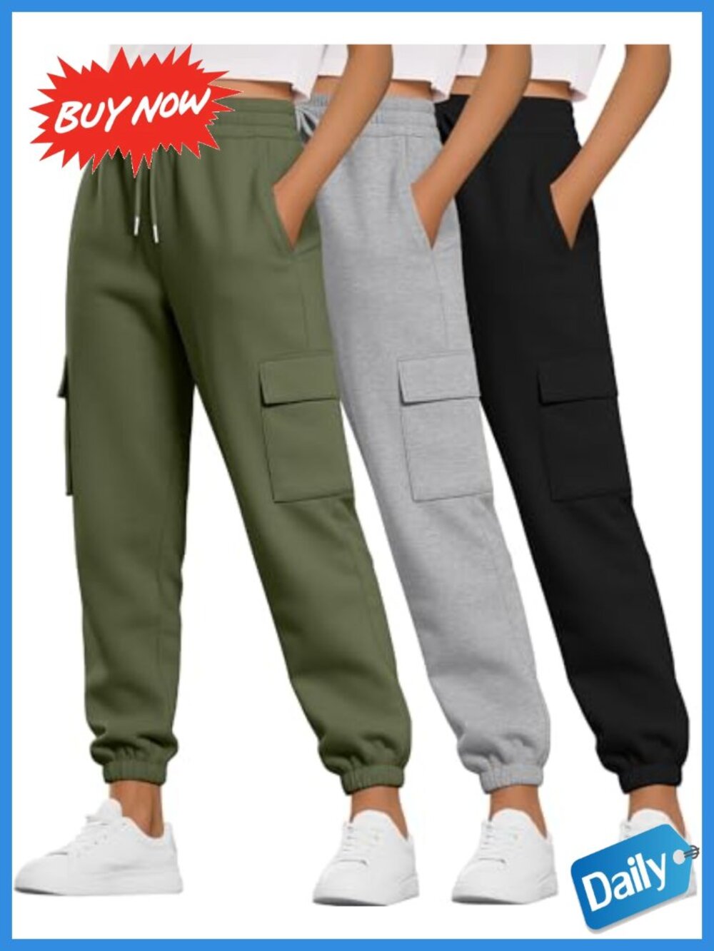 3 Pack Cargo Sweatpants Joggers High Waist Drawstring Pockets Polyester Cotton